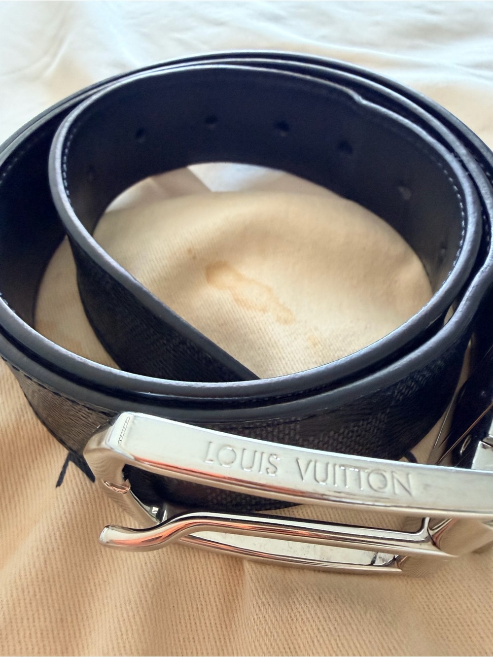 Louis Vuitton Black Men's Belt with Silver Logo Buckle